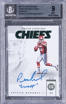2017 Panini Encased Scripted Signatures Emerald #SSPM2 Patrick Mahomes Signed Rookie Card (#3/5) - BGS MINT 9/BGS 10